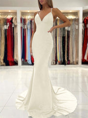 Bridesmaid Dress Gold, Sheath/Column V-neck Sweep Train Stretch Crepe Prom Dresses