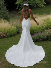 Wedding Dresses For Spring, Sheath/Column V-neck Sweep Train Stretch Crepe Wedding Dresses