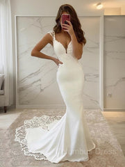 Wedding Dress Websites, Sheath/Column V-neck Sweep Train Stretch Crepe Wedding Dresses