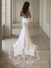 Wedding Dress Summer, Sheath/Column V-neck Sweep Train Stretch Crepe Wedding Dresses