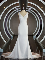 Wedding Dresses For Sale, Sheath/Column V-neck Sweep Train Stretch Crepe Wedding Dresses with Ruffles