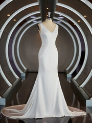 Wedding Dress For Sale, Sheath/Column V-neck Sweep Train Stretch Crepe Wedding Dresses with Ruffles