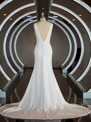 Wedding Dress Trains, Sheath/Column V-neck Sweep Train Stretch Crepe Wedding Dresses with Ruffles