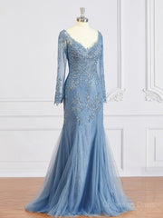 Prom Dresses Country, Sheath/Column V-neck Sweep Train Tulle Mother of the Bride Dresses With Appliques Lace