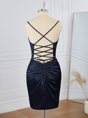 Homecoming Dresses Simples, Sheath Elastic Woven Satin Spaghetti Straps Pleated Corset Short/Mini Dress