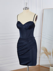 Homecoming Dress Simple, Sheath Elastic Woven Satin Spaghetti Straps Pleated Corset Short/Mini Dress