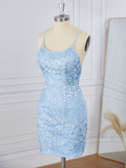 Homecoming Dress Short Tight, Sheath Lace Spaghetti Straps Appliques Lace Short/Mini Dress