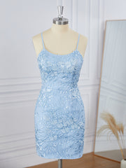 Homecoming Dresses Short Tight, Sheath Lace Spaghetti Straps Appliques Lace Short/Mini Dress