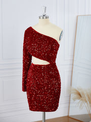 Homecoming Dresses Sparkle, Sheath Long Sleeves Velvet Sequins One-Shoulder Short/Mini Dress