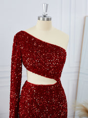 Homecoming Dress Sparkles, Sheath Long Sleeves Velvet Sequins One-Shoulder Short/Mini Dress