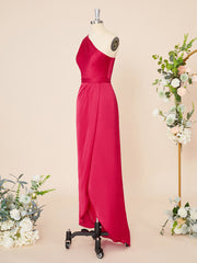 Bridesmaids Dresses Modest, Sheath Satin Chiffon One-Shoulder Pleated Asymmetrical Dress
