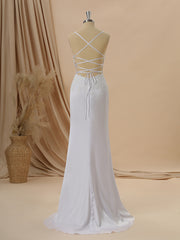 Wedding Dress With Sleeves, Sheath Satin Chiffon V-neck Appliques Lace Sweep Train Wedding Dress