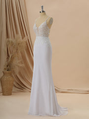 Wedding Dresses Simple, Sheath Satin Chiffon V-neck Appliques Lace Sweep Train Wedding Dress