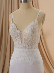 Wedding Dress Simple, Sheath Satin Chiffon V-neck Appliques Lace Sweep Train Wedding Dress