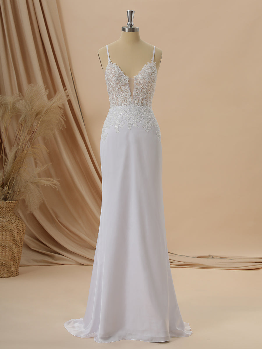 Wedding Dress Inspiration, Sheath Satin Chiffon V-neck Appliques Lace Sweep Train Wedding Dress
