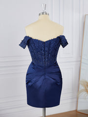 Prom Dresses2036, Sheath Silk Like Satin Off-the-Shoulder Appliques Lace Corset Short/Mini Dress