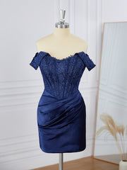 Prom Dress 2036, Sheath Silk Like Satin Off-the-Shoulder Appliques Lace Corset Short/Mini Dress