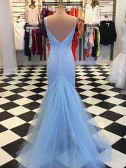 Bridesmaid Dresses Styles Long, Sheath Spaghetti Straps Light Blue Sequin Prom Dresses