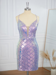 Prom Dresses Outfits, Sheath Spaghetti Straps Sequin Short/Mini Dress