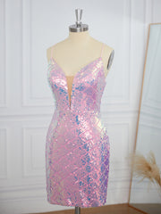 Prom Dresses Ball Gown, Sheath Spaghetti Straps Sequin Short/Mini Dress