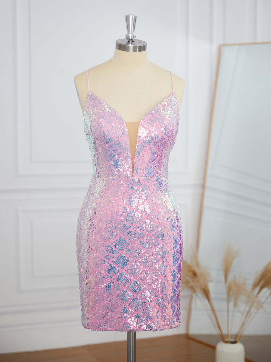 Prom Dresses 2039, Sheath Spaghetti Straps Sequin Short/Mini Dress