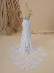 Wedding Dresses Lace Sleeve, Sheath Stretch Crepe Off-the-Shoulder Appliques Lace Cathedral Train Corset Wedding Dress