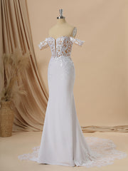 Wedding Dress Fabrics, Sheath Stretch Crepe Off-the-Shoulder Appliques Lace Cathedral Train Corset Wedding Dress