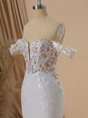Wedding Dress Fabric, Sheath Stretch Crepe Off-the-Shoulder Appliques Lace Cathedral Train Corset Wedding Dress