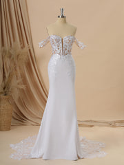 Weddings Dresses Lace Sleeves, Sheath Stretch Crepe Off-the-Shoulder Appliques Lace Cathedral Train Corset Wedding Dress
