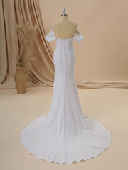 Wedding Dress Southern, Sheath Stretch Crepe Off-the-Shoulder Pleated Chapel Train Corset Wedding Dress