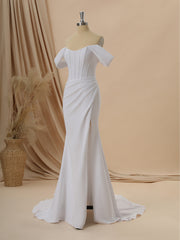 Wedding Dresses A Line Romantic, Sheath Stretch Crepe Off-the-Shoulder Pleated Chapel Train Corset Wedding Dress