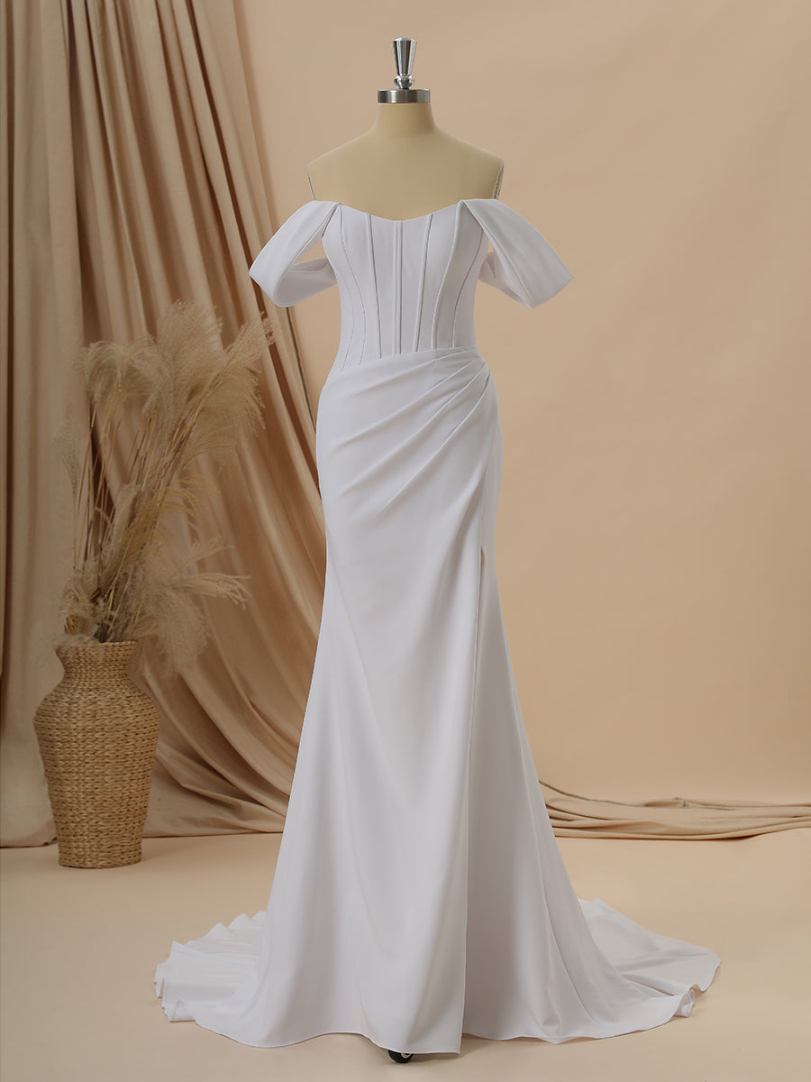 Wedding Dresses For Maids, Sheath Stretch Crepe Off-the-Shoulder Pleated Chapel Train Corset Wedding Dress