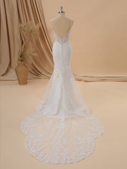Wedding Dress , Sheath Stretch Crepe V-neck Appliques Lace Cathedral Train Wedding Dress