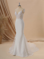 Wed Dress Lace, Sheath Stretch Crepe V-neck Appliques Lace Cathedral Train Wedding Dress