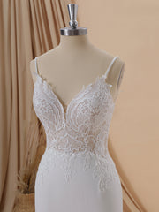Weddings Dress Lace, Sheath Stretch Crepe V-neck Appliques Lace Cathedral Train Wedding Dress