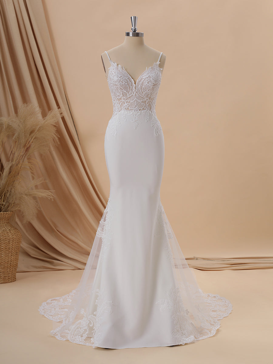 Wedding Dress Vintage Style, Sheath Stretch Crepe V-neck Appliques Lace Cathedral Train Wedding Dress