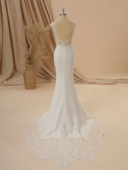 Wedding Dresses Cost, Sheath Stretch Crepe V-neck Appliques Lace Chapel Train Wedding Dress