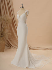 Wedding Dress Shoe, Sheath Stretch Crepe V-neck Appliques Lace Chapel Train Wedding Dress