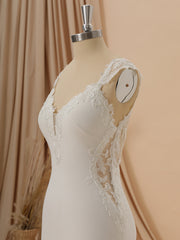 Wedding Dress Shoes, Sheath Stretch Crepe V-neck Appliques Lace Chapel Train Wedding Dress