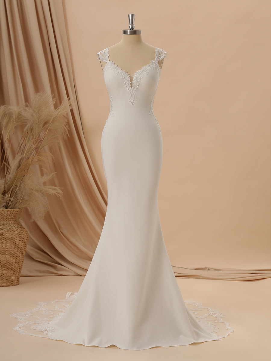 Wedding Dress Costs, Sheath Stretch Crepe V-neck Appliques Lace Chapel Train Wedding Dress