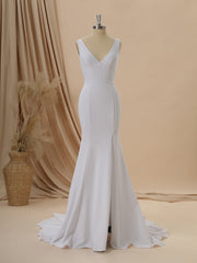 Wedding Dress Lace Sleeves, Sheath Stretch Crepe V-neck Court Train Wedding Dress