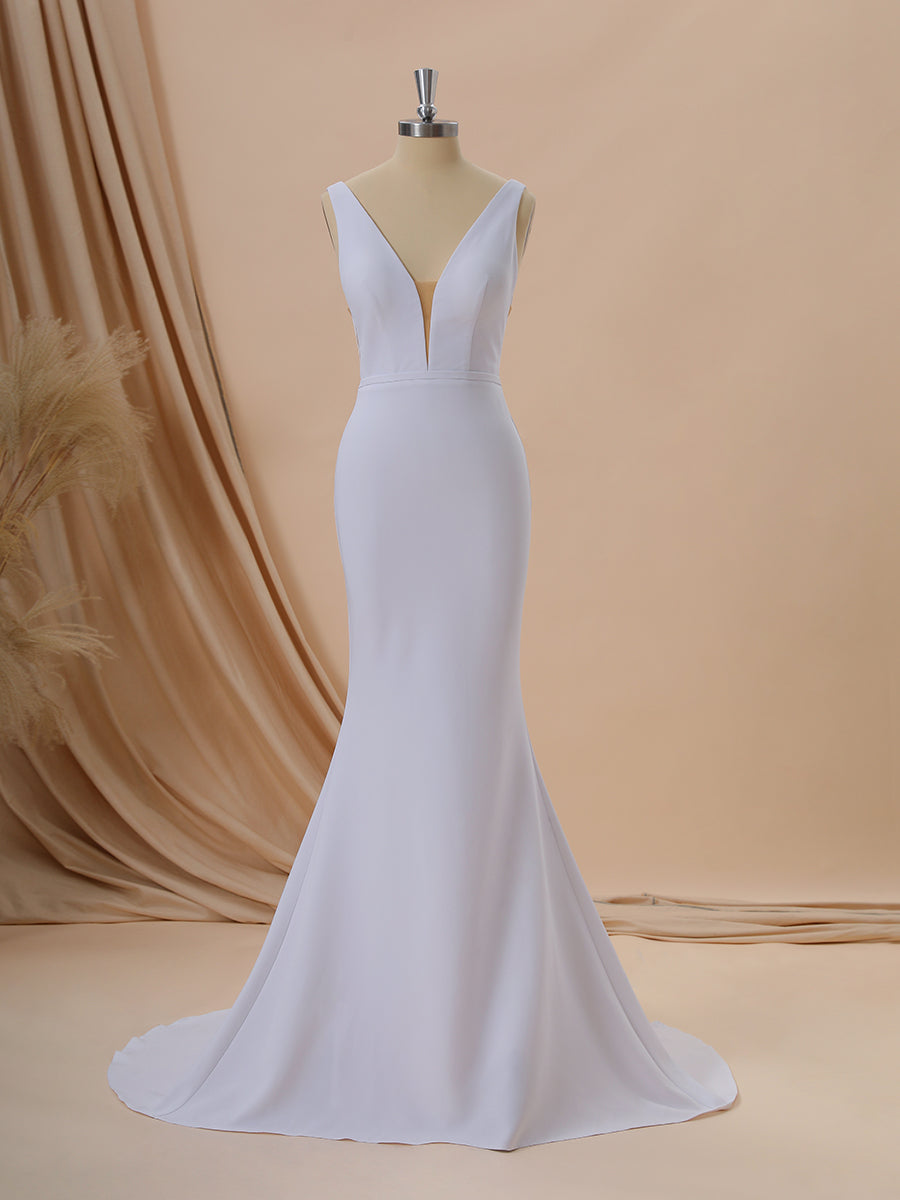 Wedding Dresses Elegant Classy, Sheath Stretch Crepe V-neck Court Train Wedding Dress