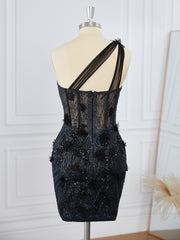 Homecoming Dress 2039, Sheath Tulle One-Shoulder Appliques Lace Corset Short/Mini Dress
