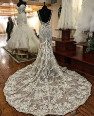 Wedding Dresses Flowers, Sheath V-neck Wide Strap Floor Length Backless Tulle Lace Applique Wedding Dresses