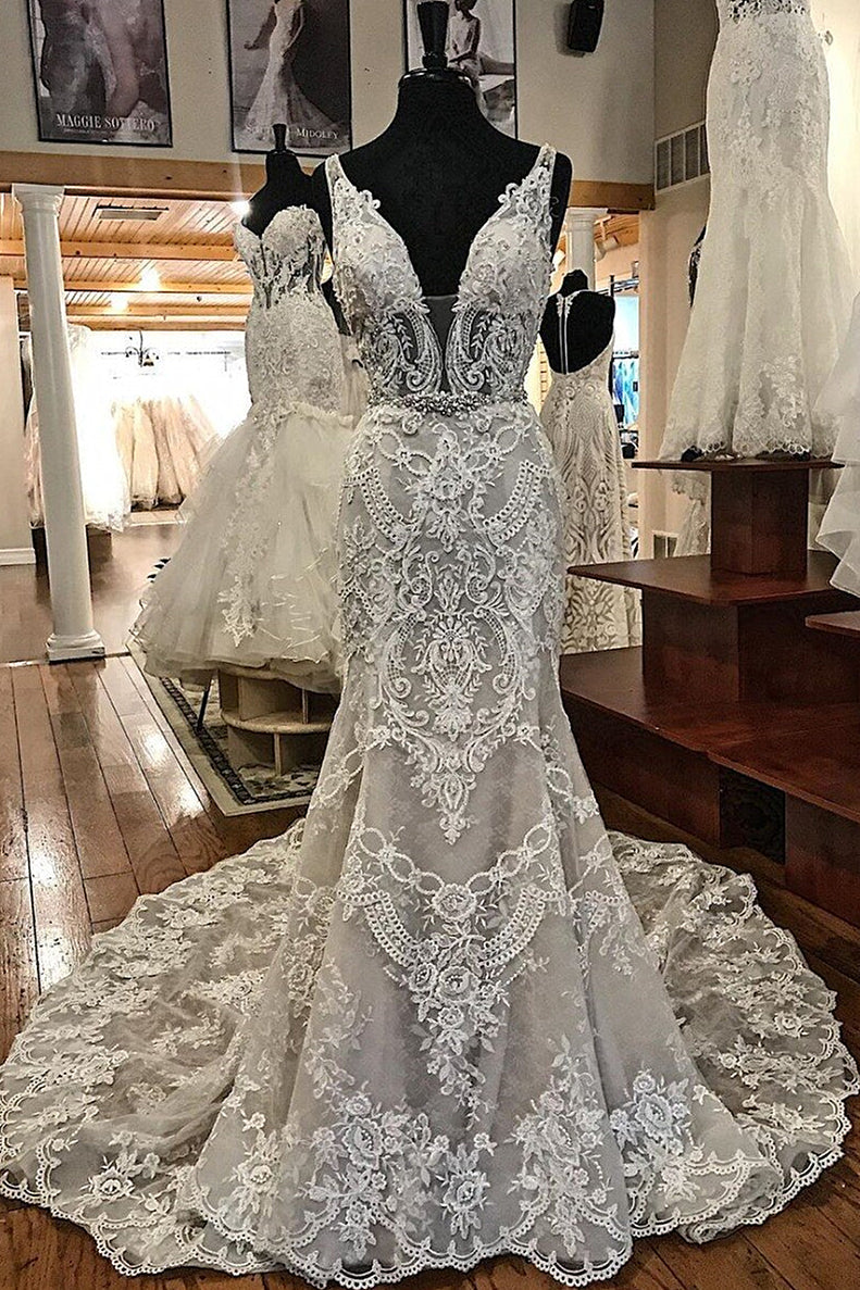 Wedding Dresses Flower, Sheath V-neck Wide Strap Floor Length Backless Tulle Lace Applique Wedding Dresses