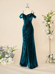 Party Dress Online Shopping, Sheath Velvet Cold Shoulder Pleated Floor-Length Corset Dress