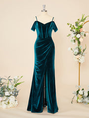 Party Dresses Online Shopping, Sheath Velvet Cold Shoulder Pleated Floor-Length Corset Dress