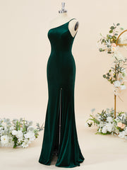 Formal Dresses 2038, Sheath Velvet One-Shoulder Floor-Length Bridesmaid Dress