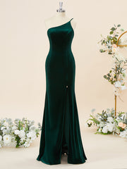 Formal Dresses Cheap, Sheath Velvet One-Shoulder Floor-Length Bridesmaid Dress