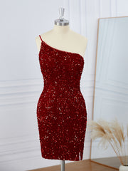 Homecoming Dress Short Prom, Sheath Velvet Sequins One-Shoulder Short/Mini Dress